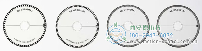 上圖顯示了四個(gè)具有不同行數(shù)的光電編碼器盤(pán)，可以觀察到行的密度不同。